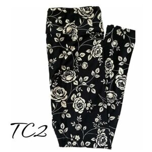 LuLaRoe Womens Leggings Size TC2 Black Flowers Floral Roses Plus 18+ NWT
